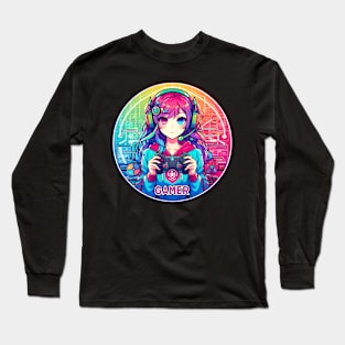 Neon Anime Manga gamer girl playing video games Long Sleeve T-Shirt